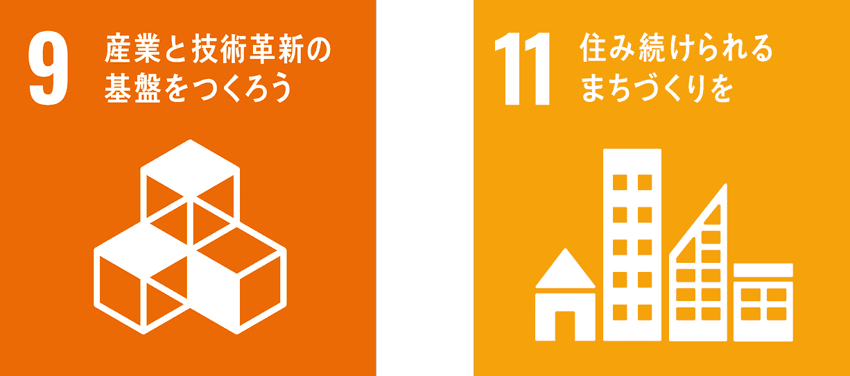 9：産業と技術革新の基盤をつくろう。11：住み続けられるまちづくりを